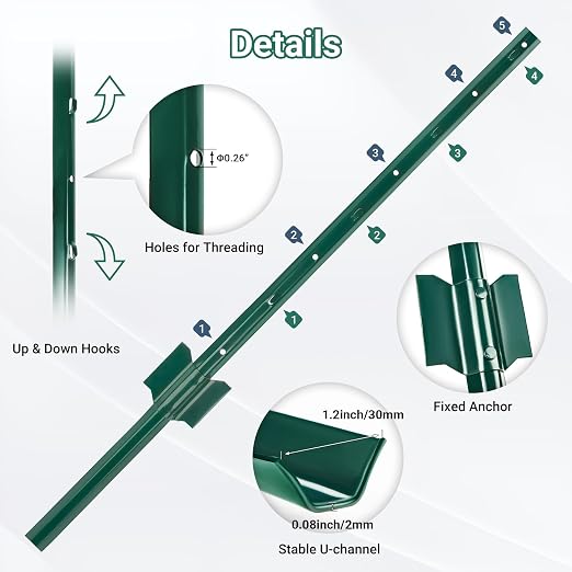 Metal Fence Posts 3 FT, Pack of 16 Green Heavy Duty U Posts, No Dig T Posts for Fences Wire Mesh, Perfect for Temporary Fencing, Electric Fence Wire, Corner Anchor