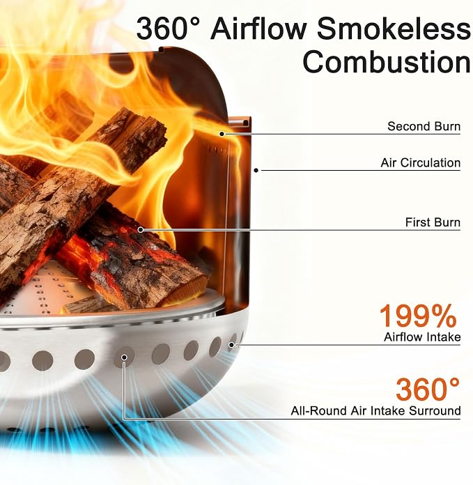 M METERXITY 20 Inch Smokeless Fire Pit with Stand/Removable Ash Pan/Campfire Ring - 304 Stainless Steel Smokeless FirePits for Outside Wood Burning, Outdoor Fire Pit Portable for Patio, Camp