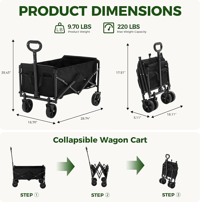 DUMOS Collapsible Wagon Cart, Heavy Duty Foldable Utility Wagon with Wheels – 220 lbs Capacity, Flexible Handle for Beach, Garden, Sports, Grocery & Camping, Black