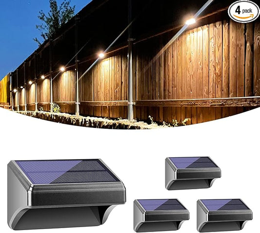 Bridika Solar Fence Lights Warm White & White, Solar Outdoor Wall Lights, Fence Solar Lights Outdoor Waterproof for Step, Backyard, Fence, Wall, Patio, Deck Railing, Stair (4 Pack)