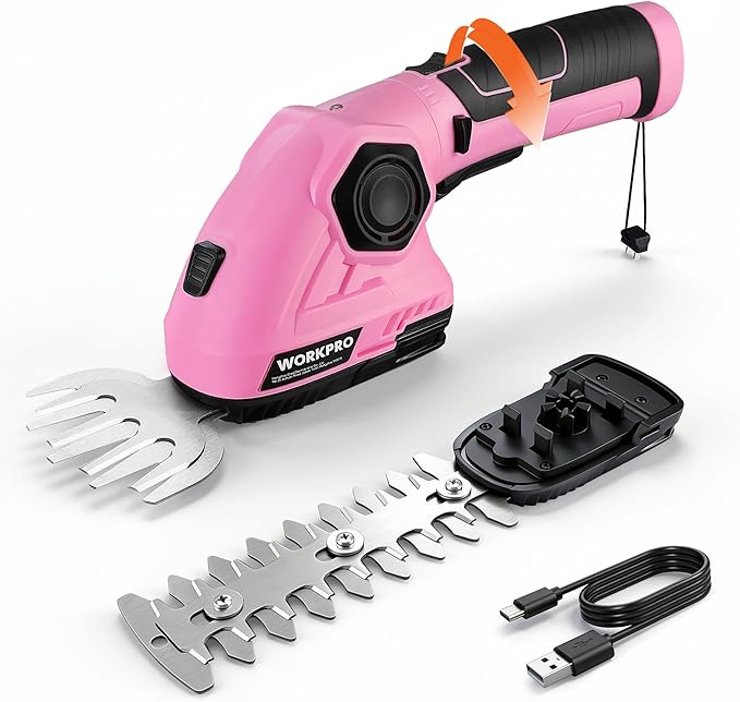 WORKPRO Pink Cordless Grass Shear & Shrubbery Trimmer - 2 in 1 Handheld Hedge Trimmer 7.2V Electric Grass Trimmer Hedge Shears/Grass Cutter 2.0Ah Rechargeable Lithium-Ion Battery - Pink Ribbon