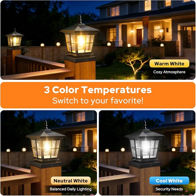 NIORSUN Solar Post Lights Outdoor, Fence Post Solar Lights with 3 Color Temperatures, Edison LED Bulbs Garden Patio Fence Deck Decor, 4x4 Posts Caps, 4x4, 5x5 Wooden & Vinyl (6 Pack,Black)