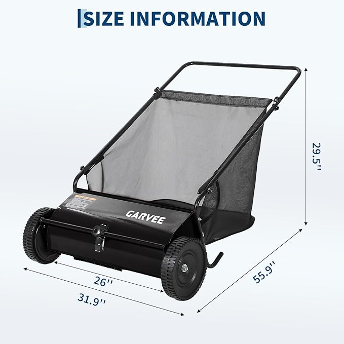 Push Lawn Sweeper, 26-Inch Width, 7 Cu. ft. Hopper Capacity, 4 Spinning Brushes, Adjustable Height, Durable Steel Frame with Rubber Wheels, Ideal for Leaves and Grass