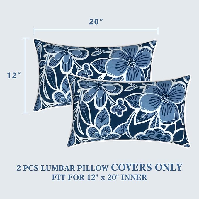 LVTXIII 2 Pack Outdoor Lumbar Pillow Covers 12x20 Inch with Piping, Water-Repellent Back Cushion Covers ONLY for Patio Furniture, Sofa, Garden Bench, Flower Navy