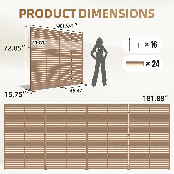 Privacy Fence Screen with Stand 6 Panel 72" H×47" W HDPE Decorative Privacy Panels with Stand, Air Conditioner Fence Panels, Privacy Screen for Outdoor Backyard, Balcony, Pool