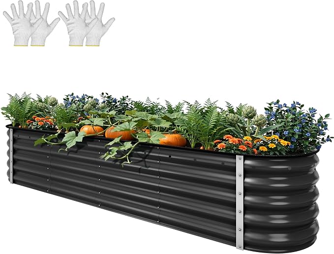 YITAHOME 8x2x1.5ft Large Raised Garden Bed Kit, 17" Tall 9 in 1Galvanized Metal Planter Box with Gloves & Safety, Outdoor Above Ground Planters for Plants Vegetables Flowers, Black