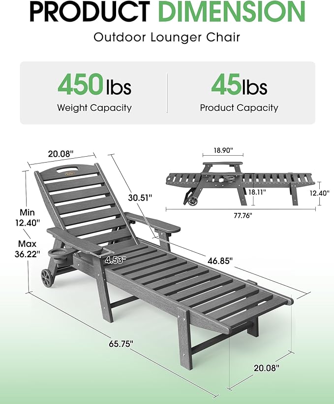 Chaise Lounge Outdoor, Lounge Chair Outdoor with Wood Texture, Adjustable 5-Position Backrest, HDPE Lounge Chair with Wheels & Cup Holder for Pool Deck Backyard, Dark Grey