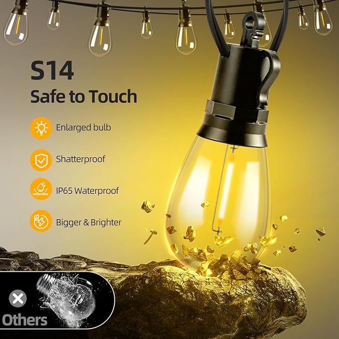 Solar Lights Outdoor Patio Lights: S14 15M 50FT Solar Powered 3 Light Modes Solar Waterproof Light - Shatterproof Bulbs - Camping Backyard Garden Deck Outside Yard
