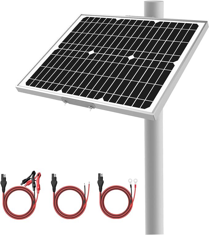 12V 20W Solar Battery Trickle Charger & Maintainer - Waterproof 20 Watt Solar Panel Built-in Smart MPPT Charge Controller + Adjustable Pole Mount Brackets for Pole Dia 1.5-3.0inch/40-80mm