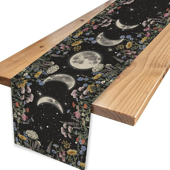 Floral Moon Table Runner, Boho Rustic Spring Flower Moon Phase Seasonal Garden Mystical Gothic Coffee Table Center Decor for Family Kitchen and Living Outdoor Farmhouse Table Decorations, 13"x72"