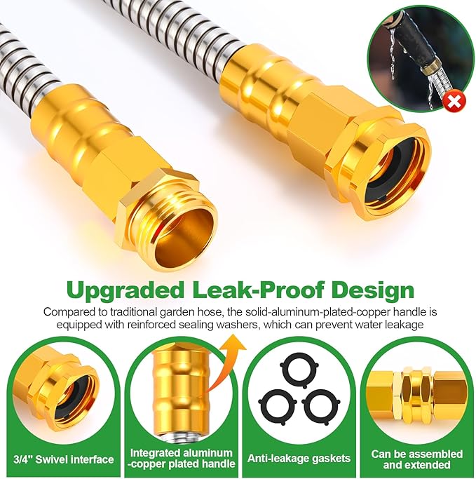Toolasin Garden Hose 50ft, Flexible Stainless Steel Metal Water Hose with 10-Function Nozzle, No-Kink, Leak-Proof, Wear-Resistant, 3/4 GHT, Easy to Use and Store for Garden, Yard, Outdoor