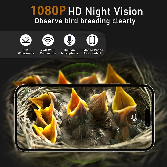 Bird House with Camera Solar Powered, 1080HD Live Video & Night Vision for 24/7 Nesting Recording, Auto Detect & Notify, Waterproof Bamboo,smart Bird House Camera for Backyard Birdwatching