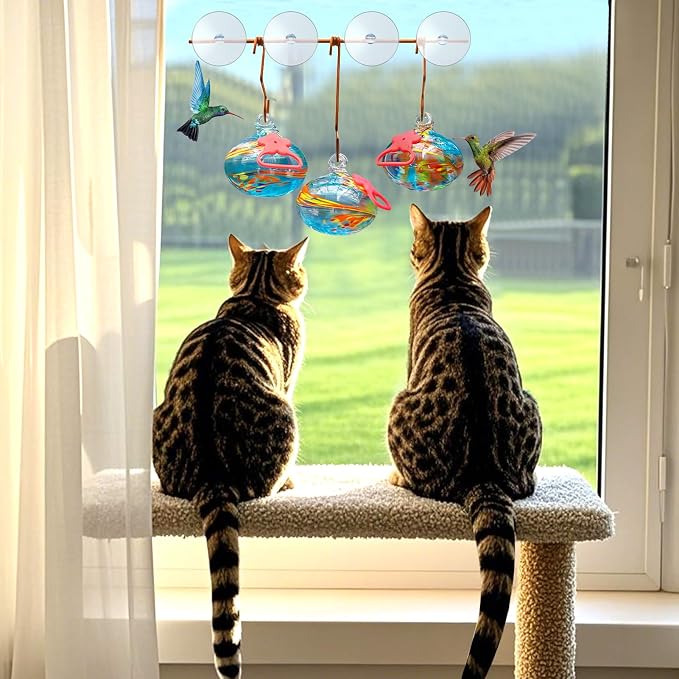 Pozfun Window Hummingbird Feeder with Suction Cups,Hand-Blown Glass Hummingbird Feeders for Outdoors Window Mounted with Metal Hook,Close Bird Watching,Finch in Garden,Yard(Blue)