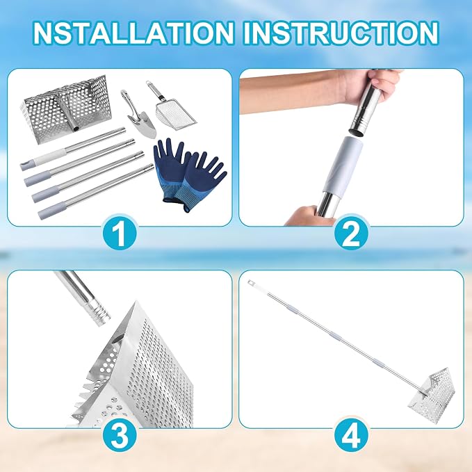 65Inch Sand Rake for Beach, Sand Scoop Rake Stainless Steel with an 11-Inch Sand Sifter and a 10.6-Inch Sand Rake, Perfect for Collecting Seashells Cleaning up Broken Shells and Debris on The Beach