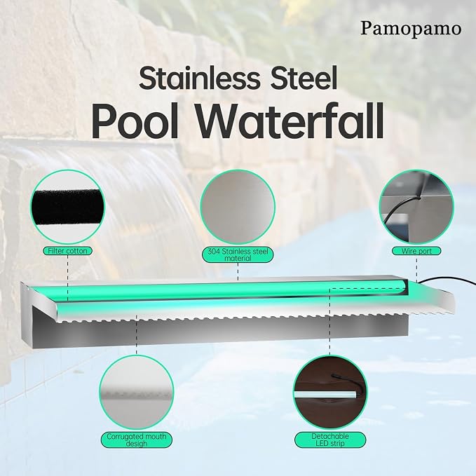 Pamopamo Pool Waterfall Spillway Stainless Steel Koi Pond Fountain, APP Control LED Lighted Waterfalls Kit, Outdoor Water Flow Fountains for Garden Swimming Pool Decoration-11.8"x7.8"x3.9"