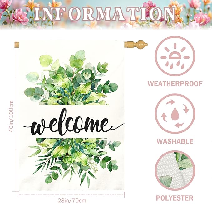 Welcome Garden Flag Spring Large Summer Greenery Watercolor Eucalyptus Leaves House Banner Seasonal Rustic Farmhouse Hosta Fragrant Plantain Yard Flags for Porch Patio Home Decor 28 x 40 Inch