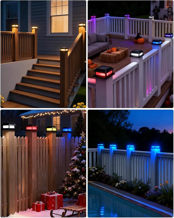 Solar Post Cap Lights with Remote, 9 Colors 3 Modes Changing Solar Deck Lights Outdoor Waterproof, 8 Pack 4x4 Post Solar Lights Fits 4x4/5x5 Wood/Vinyl Fence Deck Posts, Backyard, Garden, Fence
