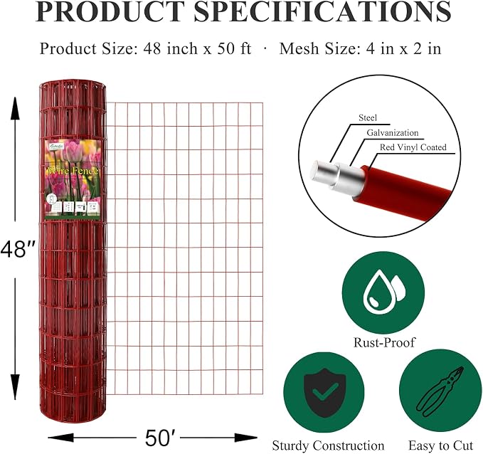 Red PVC Coated Welded Wire Fence 48 Inch x 50 Foot, 2 Inch x 4 Inch 14GA, Garden Border Fencing Roll Vinyl Coating Metal Wire Mesh Hardware Cloth for Yard Vegetable Plant Protection