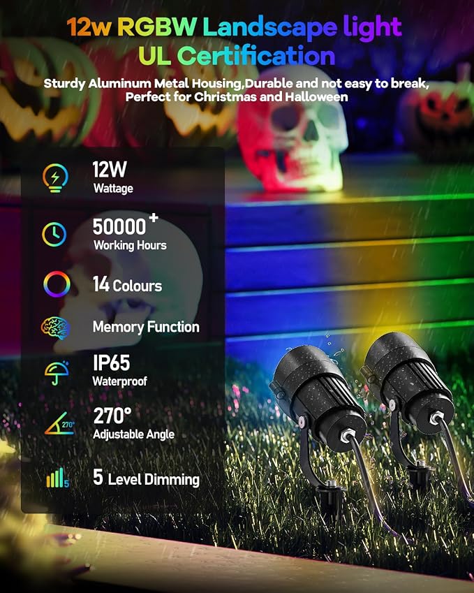 HIBOITEC RGBW Low Voltage Landscape Lighting 10Pack 12W with Remote Connectors Spotlights Landscape Lights 12-24V AC/DC Waterproof for House Yard Trees Outdoor Christmas(Transformers NOT Included)