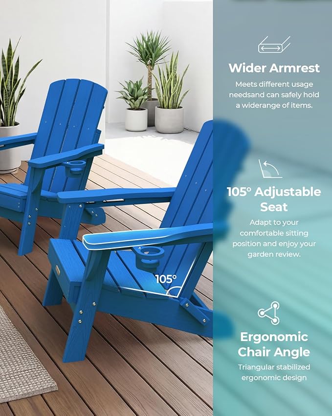 Folding Adirondack Chair, HDPE All-Weather Fire Pit Chairs, Plastic Adirondack Chairs with 2 Cup Holder, Outdoor Lawn Chair for Patio Garden (Royal Blue)