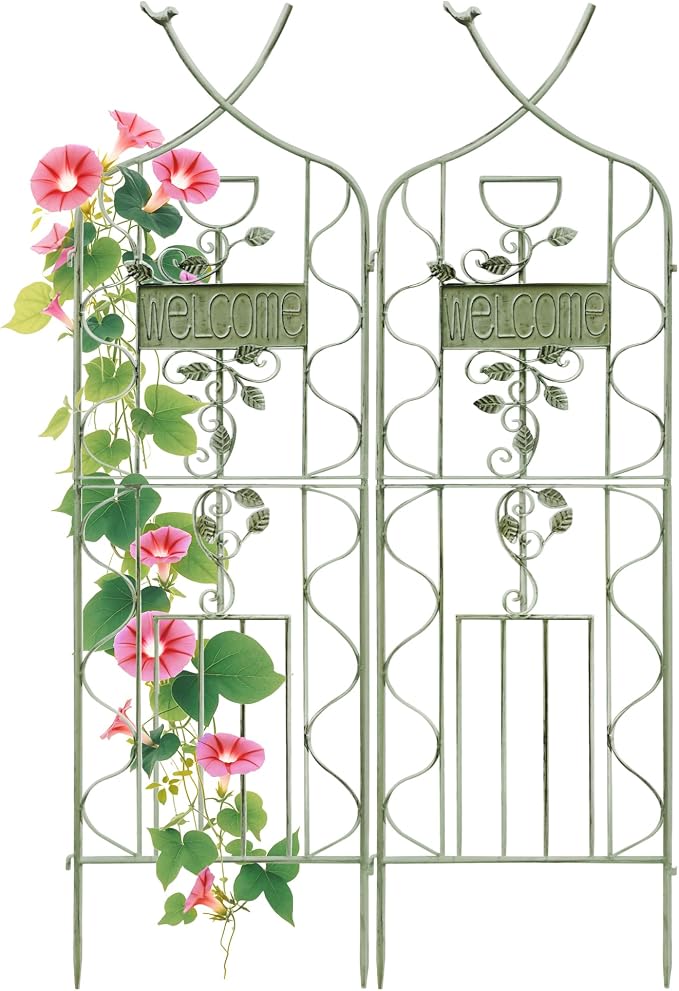 LZRS 2 Pack 59.5 * 18in Rustic Iron Arch Decoration Garden Trellis with Metal Coating – Perfect for Supporting Climbing Plants Outdoor, Roses, Vines, Flowers, and Vegetables, Antique Green