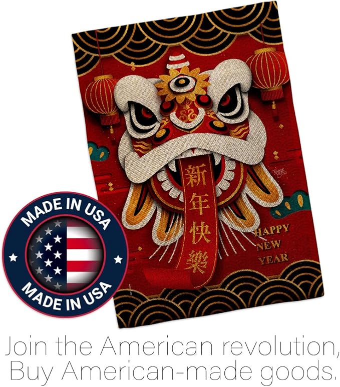 Happy Lion Dance Wall Decor American Flag Banner Pack Patio Garden Patriotic Outdoor Yard Indoor Burlap Tapestry Lunar New Year Gifts Chinese Decorations Made in USA