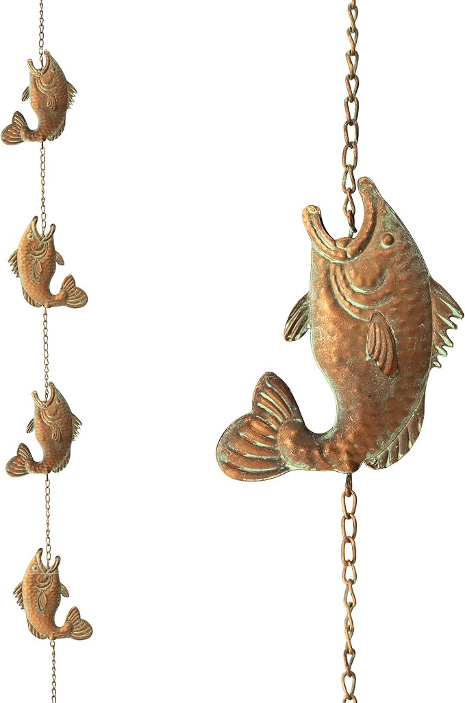 Glitzhome 8.5 FT Fish Shaped Rain Chains, Faux Copper Patina Finish Rain Chains for Gutters with 9 Fish, Adjustable Rain Catcher Chain with V-Shaped Gutter