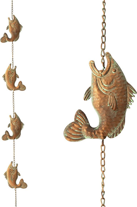 Glitzhome 8.5 FT Fish Shaped Rain Chains, Faux Copper Patina Finish Rain Chains for Gutters with 9 Fish, Adjustable Rain Catcher Chain with V-Shaped Gutter