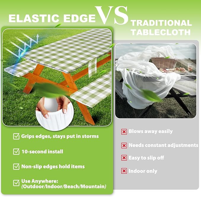 Picnic Table Cover with Bench Covers Vinyl Elastic Edges Fitted Rectangle Seat Tables Waterproof 3-Piece72X30in Set Outdoor Rectangular Folding Backing Tablecloth for Camping Over Size