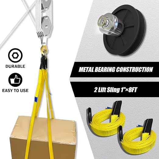 YATOINTO Rope Pulley Hoist 4400 LB, 8:1 Lifting Power Pulley Block and Tackle System, Pulley Block 2200LB Loading Capacity, 65ft Heavy Duty Rope Hoist for Lifting Pulling (with 2PCs Straps)