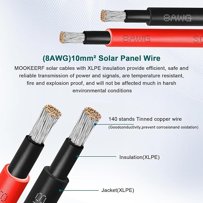 Solar Panel Extension Cable - 8AWG 75FT Solar Wire with Female & Male Waterproof Connector PV Wire for RV, Photovoltaic Systems, Home, Boat, Solar Panels, Car(75Feet Red + 75Feet Black)