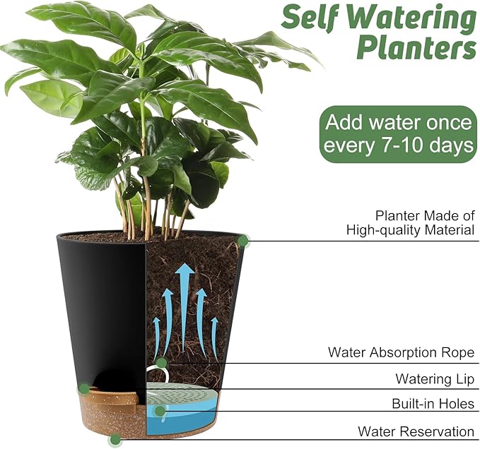 YNNICO 8-Inch Plant Pots, Self-Watering Planters with Drainage Holes & Saucers for Indoor and Outdoor Plants (2-Pack,Black)