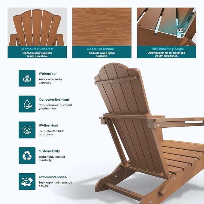 THOEOE Folding Adirondack Chair Set of 4, HDPE All-Weather Outdoor Chair with Cup Holder, Wooden Textured, Fire Pit Chair, Plastic Patio Chair for Deck, Backyard, Garden, Lawn