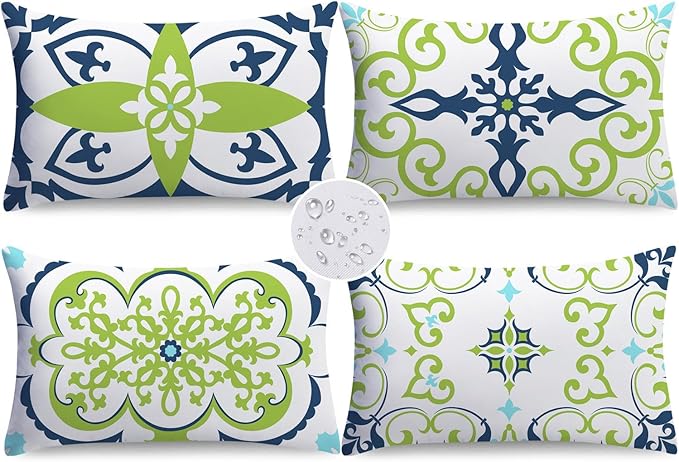 NIGHTWISH Outdoor Waterproof Pillow Covers 12x20 Set of 4 Green Boho Decorative Outdoor Throw Pillows Floral Cushion Cases for Patio Furniture Bench Couch Sunbrella