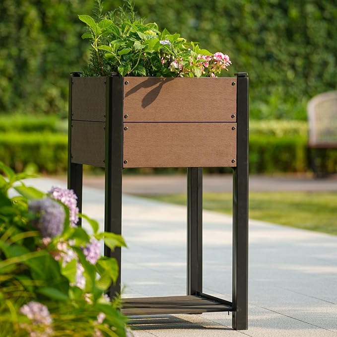 Garden Raised Bed with Shelf, 19*19*33.5in Deep Root Planter Box for Patio, Outdoor Herb with Bottom, Vegetable, and Flower Gardening - Durable Wooden Style Planter Box for Easy Mobility and Clearance