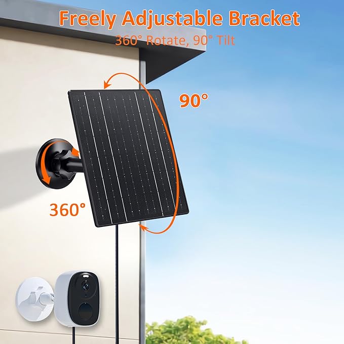 Zivif 10W Solar Charger, 5V Solar Panel for Security Cameras with USB-C/Micro USB/DC 5.5x2.1mm Ports, IP66 Waterproof, 360° Adjustable Mount & 7.2ft Cable