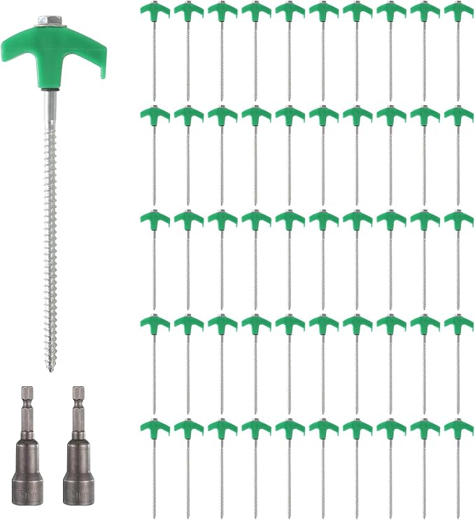 50 Pack 8 Inch Screw in Tent Stakes Heavy Duty Tent Stakes Screw in Ground Camping Stake with Hex Head Driver Metal Pegs Spikes for Camping Garden Yard (Green)