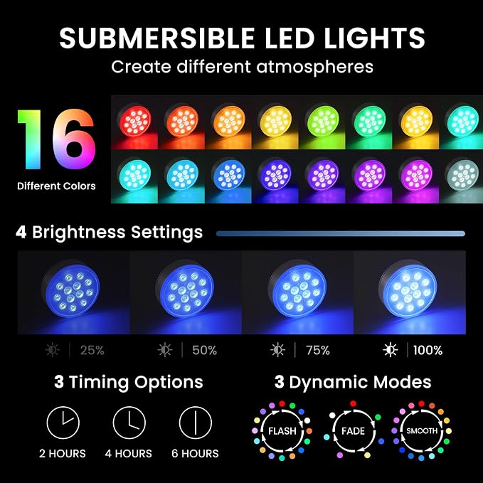 LOFTEK Pool Lights, Rechargeable Submersible LED Lights with Remote, IP68 Waterproof, 16 Colors Underwater Pool Light for Above Ground Inground Pool, Hot Tub, Shower, Bathub, Party, Vase, 2 Pack