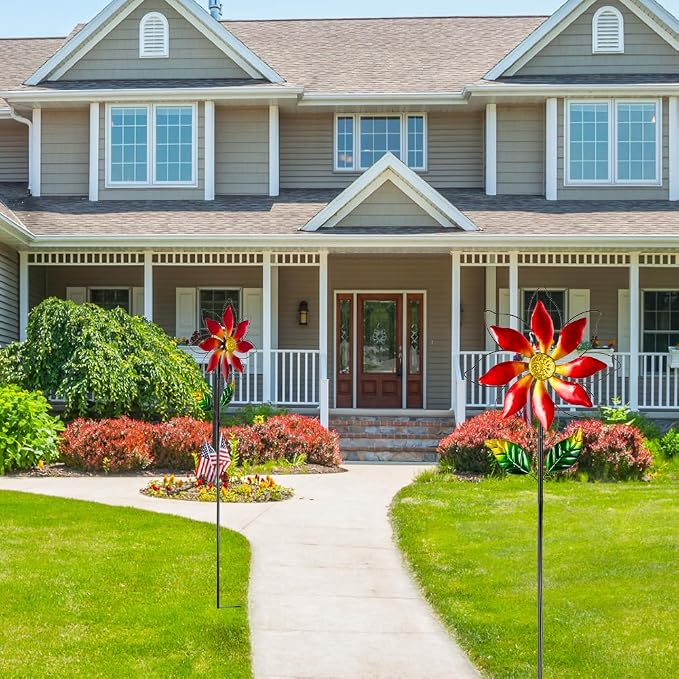 Wind Spinner Outdoor,14’’ Dia Red Flower Shape Garden Pinwheels Spinners,Waterproof Windmill for Yard Lawn Patio Decor