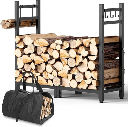 Brightown Firewood Rack Outdoor with Log Carrier, 34 inch Indoor Wood Rack for Firewood,Fire Wood Holder Outside, Adjustable Heavy Duty Logs Stand Stacker Holder for Fireplace Patio Deck,Black