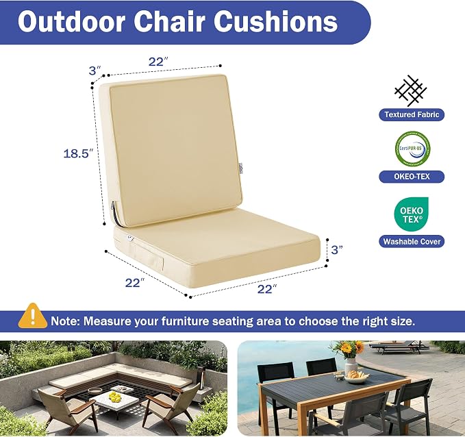 IPYNBAP Outdoor Cushions, Outdoor Chair Cushions 22x22x3 Inch, Cushions for Outdoor Furniture with Removable Cover, Waterproof & Fade Resistant Outdoor Seat Cushions for Patio, Lawn, Beige
