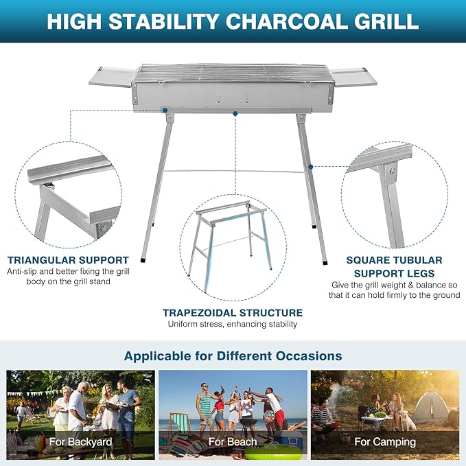 IRONWALLS Portable Charcoal Grill Outdoor Cooking, 32”L x 10”W Folded Camping Barbecue Grill with Storage Shelf, Metal Kebab Skewers, Rectangular Lamb Skewer Grill for Backyard Party Picnic Travel