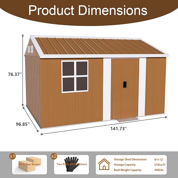 YOPTO 8X10 FT Metal Sheds & Outdoor Storage,Waterproof Large Backyard Shed House W/Windows and Sliding Door,Heavy-Duty Tool Organization with Sloped Roof & Vents,for Garden Pet House,Brown