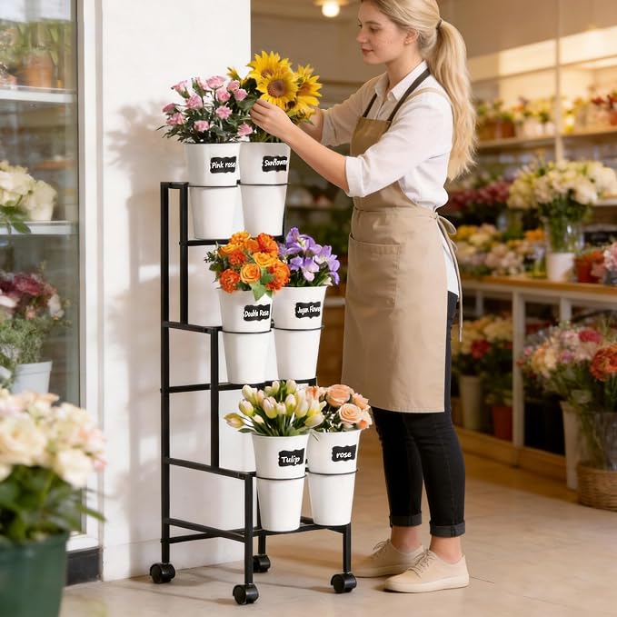 Flower Display Stand with 6 Buckets, Flower Cart with Wheels, 3 Layers Metal Flower Bar Stand Moving Flower Stand Florist Bouquet Shelf for Weddings Party Ceremony Indoor Outdoor Garden (Black)
