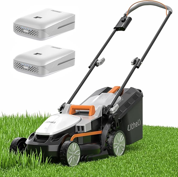 Litheli 13.4inch Electric Lawn Mower Cordless,Grass Cutter Machine for 2600 Sq.Ft. Lawnmower, 8 Gallon Capacity, Cutting Height from 1 to 2.5 in, Includes 2X4.0 Ah Battery.