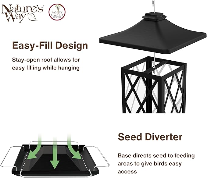 Nature's Way Outdoor Garden Décor Hanging Wild Bird Seed Feeder, Metal Lantern Gazebo Feeder, Easy Fill, Rain Drainage, Black