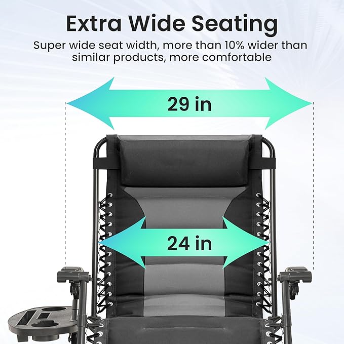 Zero Gravity Chair Oversized Padded Recliner with Adjustable Headrest & Cup Holder - XL 600D Oxford Folding Lounge Chair for Outdoor Camping, Patio, Poolside (Upgraded Black & Gray)