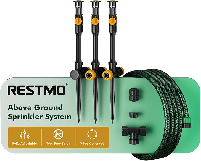 RESTMO Above Ground Sprinkler System,Irrigation Sprinklers for Yard,Yellow | DIY Flexible Metal Spike Sprinkler, Tool-Free, Adjustable Angle/Flow, 3 Sprinklers & 30ft Hose, Ideal for Plants & Gardens