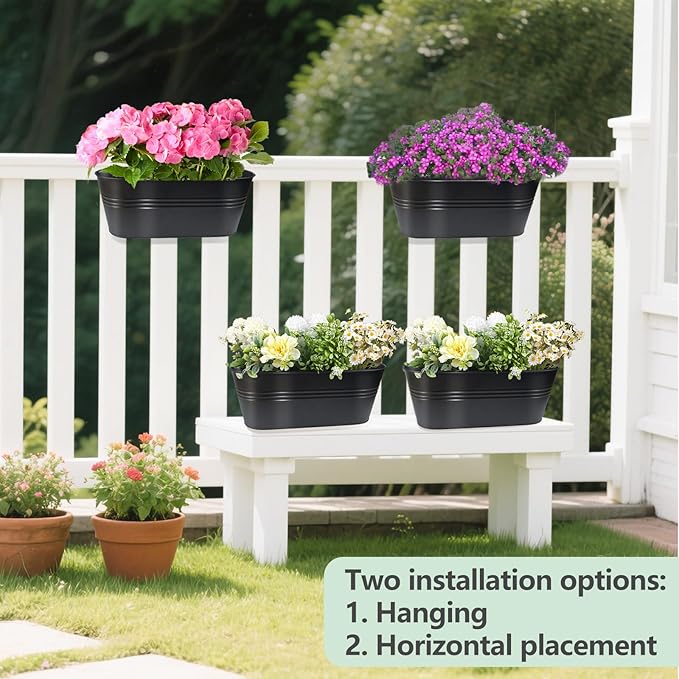 16 Inch 4 PCS Metal Hanging Flower Pots for Railing Fence, Large Railing Planters for Outdoor Plants, Fence Hanging Planters with Detachable Hooks for Garden Balcony