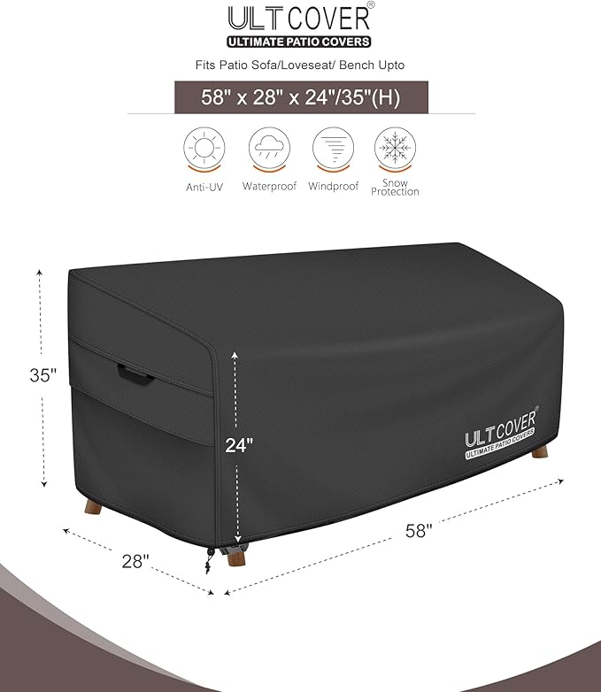ULTCOVER Waterproof Outdoor Sofa Cover - Heavy Duty Patio Bench Covers 58W x 28D x 35H inch, Black